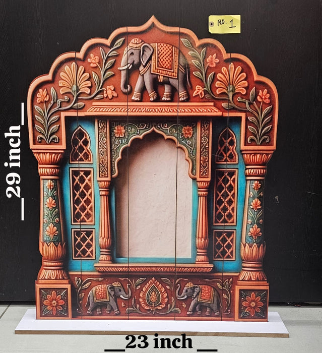 3D Look Foldable Wooden Mandap Backdrop | Peacock & Floral Design | Ganesh Chaturthi, Janmashtami, Durga Pujo, Navratri & Diwali Home Temple Decor