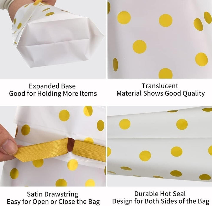 Polka Dot Gift Pouches with Satin Ribbon – White & Silver/Gold Dots
