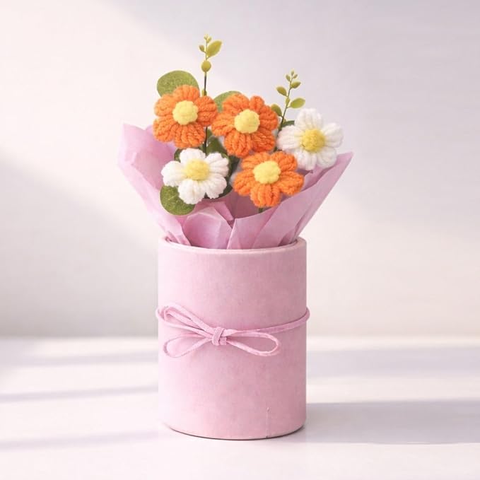 6 pcs Handmade Crochet Daisy Flower Bouquet 22 CM | Handcrafted Yarn Flowers with Green Leaves | Beautiful Decorative Bouquet for Home Décor, Gifting, Wedding & Special Occasions