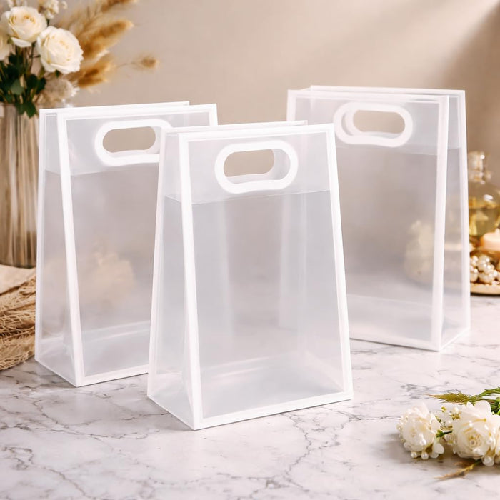 Medium size Translucent Goodie Bags with Handles - Clear Gift Bags, Hamper, Shopping, Wedding Return, Birthday, Festivals & Event Bags (WHITE BORDER) (35x24x10 cm)