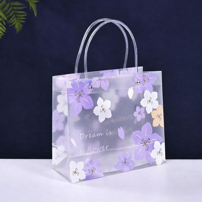 Purple Transparent Gift Bag with Floral Print    | Gift Bag for Her/Him,  hamper bag, Carry Bags, shopping gift bag, Presents, Packing, Wedding Return Gifts, Birthday, Events, Festivals (24 cm x 22 cm)