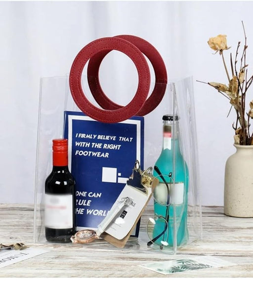 10 Pcs Small Transparent Bags with Circle Handle Gift Paper Bag, Carry Bags, Gift Bag, Gift for Birthday, Valentine, Marriage, Festivals, Season's Greetings and Events (Maroon) (Small)(18 x 9 x 20 cm)