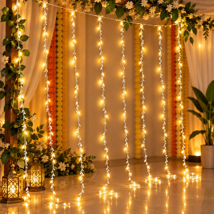 (DESIGN NO.6) 1 PCS Silver Leaf LED String Light 3 Meter × 2 Meter | Warm White Hanging Curtain Lights for Home, Diwali, Ganpati & Festive Decoration