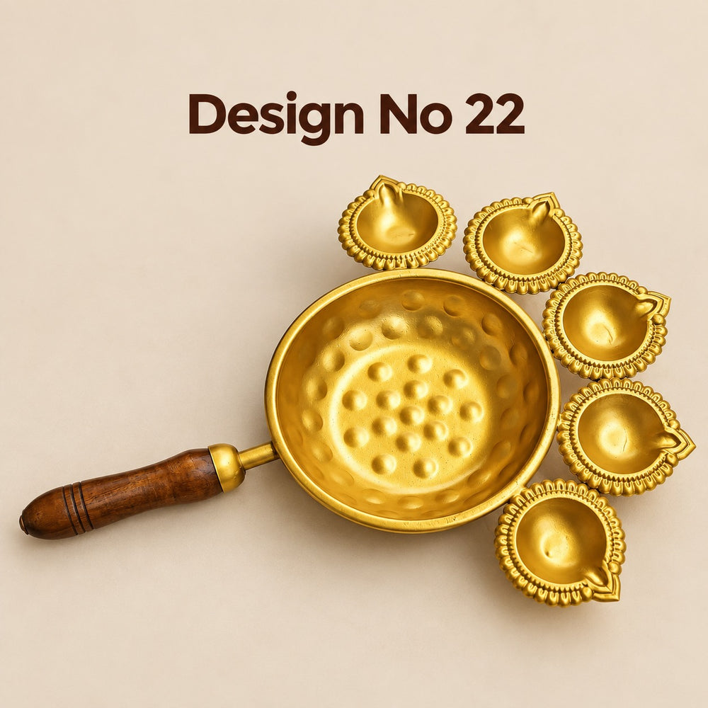(Design No.22) Metal 5 Diya Pooja Aarti Set with Handle | Traditional Decorative Diya Urli for Diwali, Pooja & Festive Décor | 12 Inch