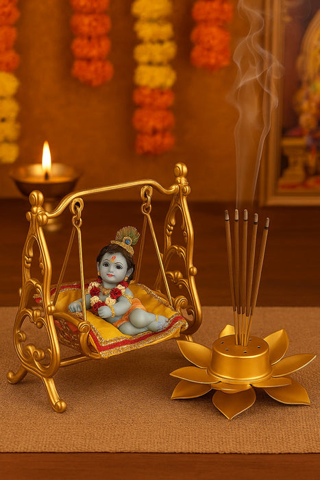 Golden Lotus Metal Agarbatti Stand – Premium Incense Stick Holder (13 cm x 3 cm)