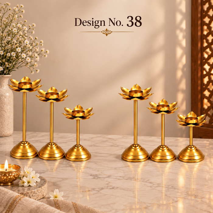 (Design No.38) 2 set (6pcs) Gold Lotus Candle Holder | Metal Lotus Diya Stand for Home Décor & Festive Decoration