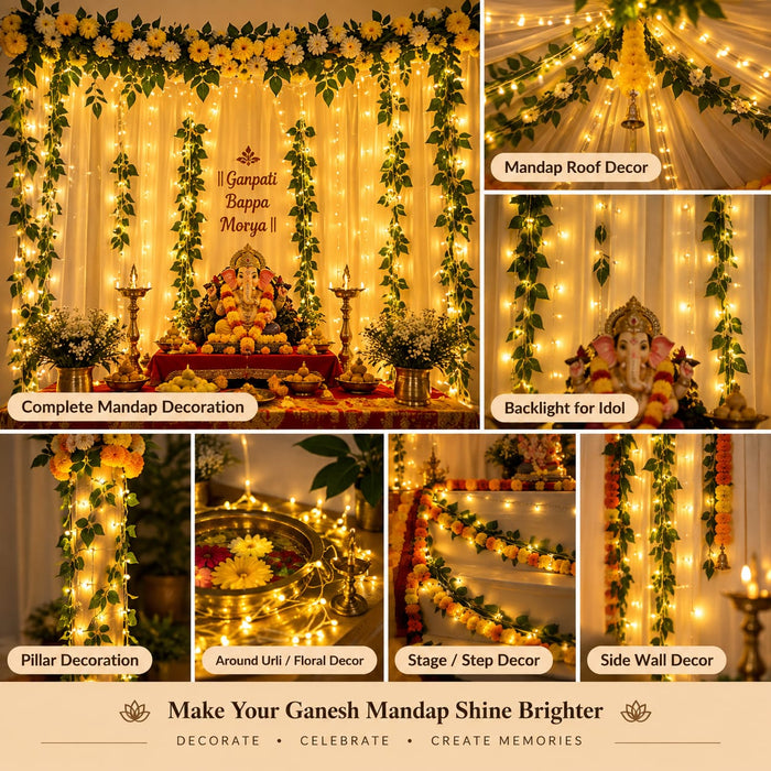 (DESIGN NO.1) LED String Lights for Home & Festival Decoration | Warm White Fairy Lights for Ganpati Mandap, Diwali, Balcony & Wedding Decor