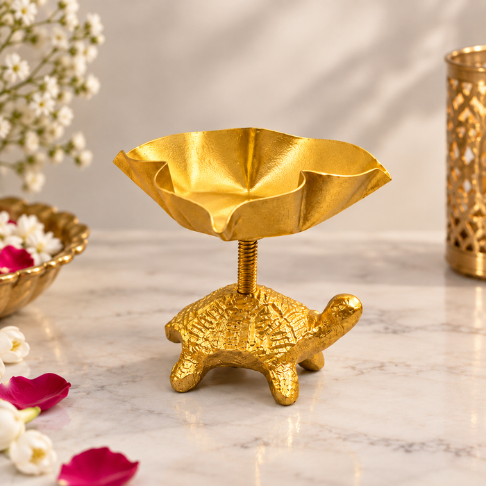 (Design No.28) Golden Metal Turtle Decorative Bowl | 3 Inch Width × 2.5 Inch Height | Tabletop Urli | Home, Pooja & Festive Decor