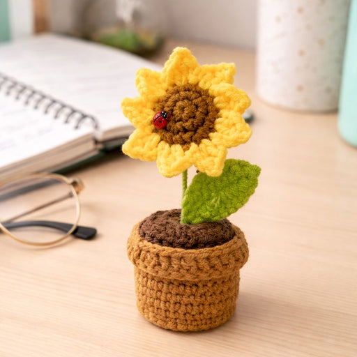 SATYAM KRAFT Handmade Crochet Sunflower Plant with Ladybug in Pot | Artificial Knitted Flower head Desk Decor | Cute Tabletop Home & Office Decoration | Gift Item for Birthday, Return Gift, Room Decor
