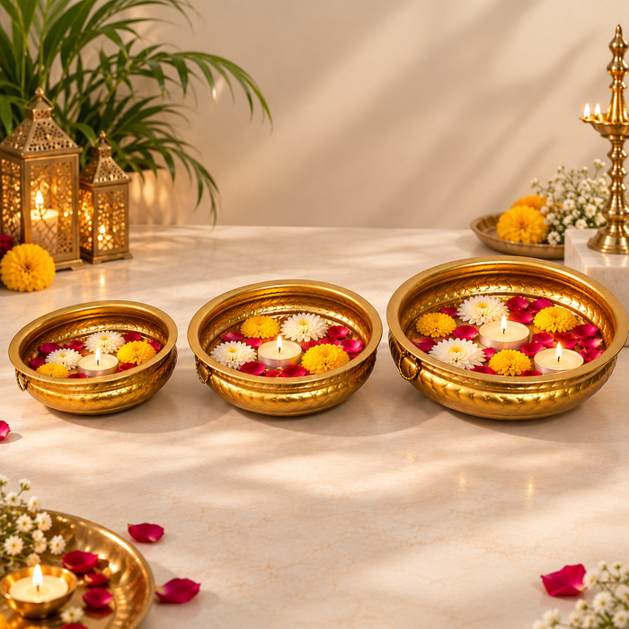 (Design No.43) 1 set (3 pcs) Luxury Golden Metal Urli Bowl with Intricate Embossed Design | Traditional Decorative Bowl for Diwali, Pooja, Wedding, Floating Flowers & Festive Home Décor |