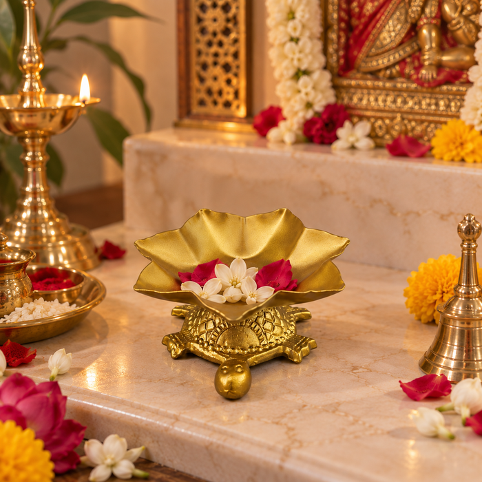 Premium Golden Lotus Decorative Bowl with Turtle Base | Traditional Metal Urli Bowl | Diya, Flower Petals & Festive Home Décor
