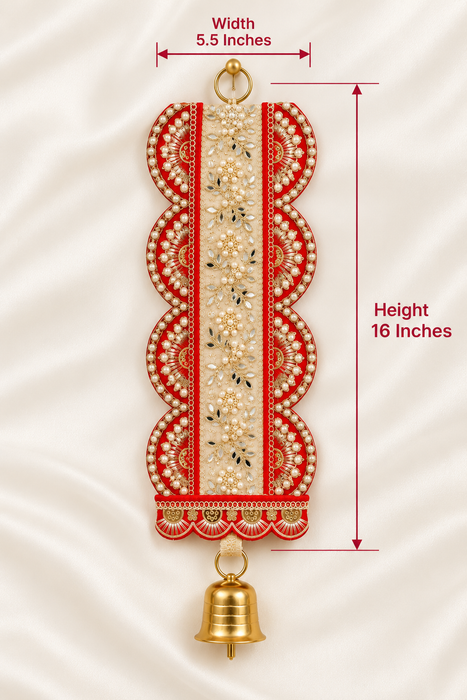 ( Design No.1 )( 2 pcs )Traditional Embellished Door Hanging with Bell | Red & Golden Decorative| 16 × 5.5 Inch Wall Hanging