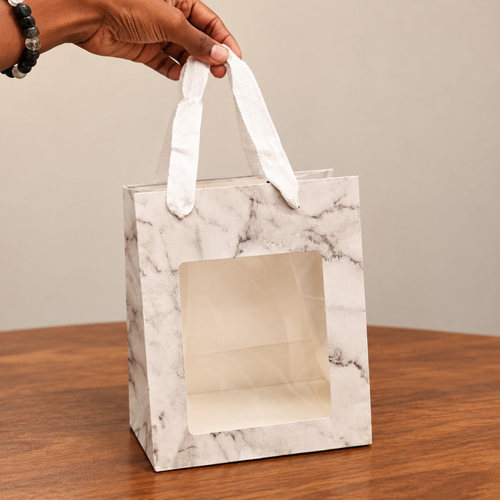 Premium Marble Print Paper Gift Bag with Window | 20 × 15 × 10 CM | Elegant Hamper & Return Gift Bag