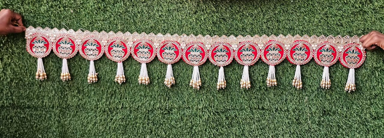(Design No.2) Premium Kalash Designer Door Hanging Toran 40 Inch | Red & White Traditional Bandhanwar with Pearl Tassels | Festive Door Decor