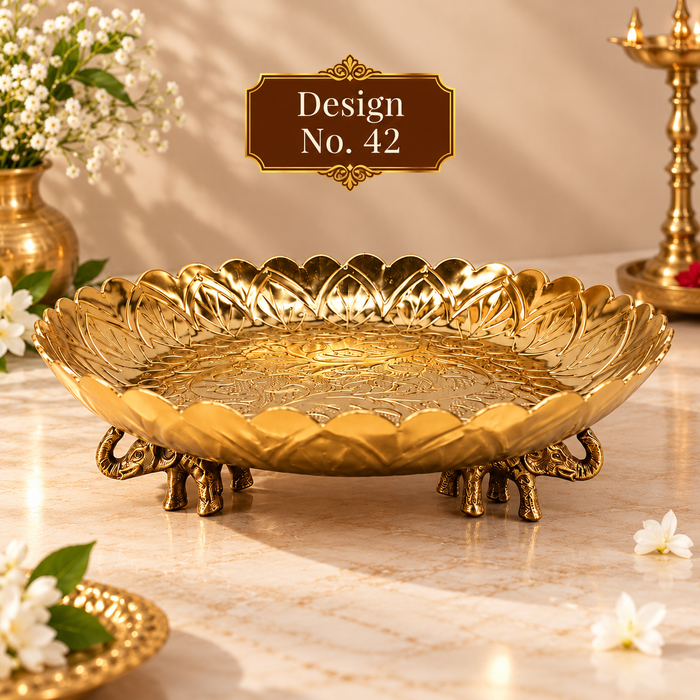 (Design no.42) Premium Golden Lotus Urli Bowl with Elephant Legs | Decorative Metal Urli for Diwali, Pooja & Home Décor | 10*3.5 inch