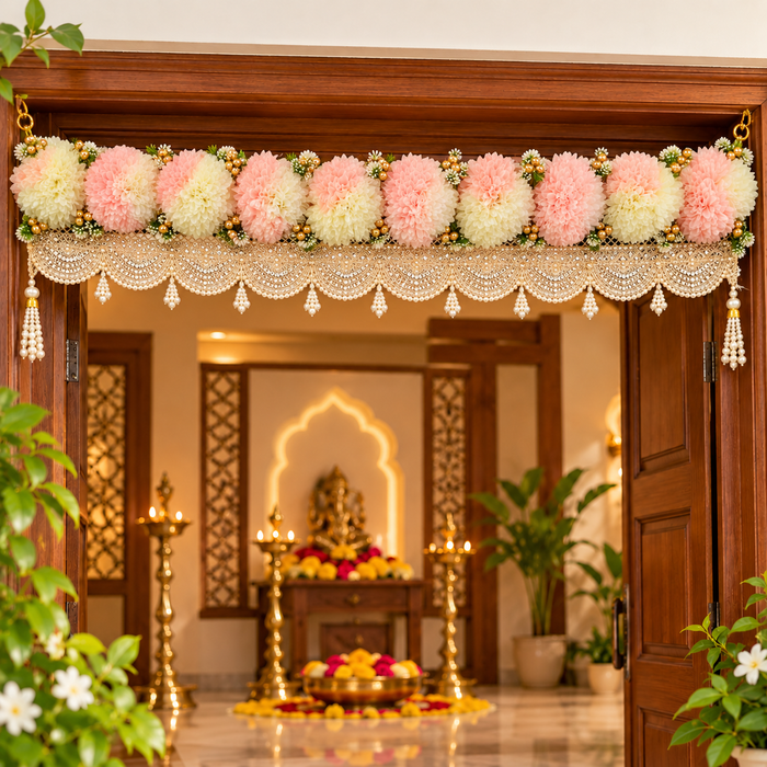 (Design No.17) Pink & OFF white Floral Toran 42 Inch | Elegant Pearl & Golden Lace Door Hanging Decoration | Festive, Wedding & Pooja Décor