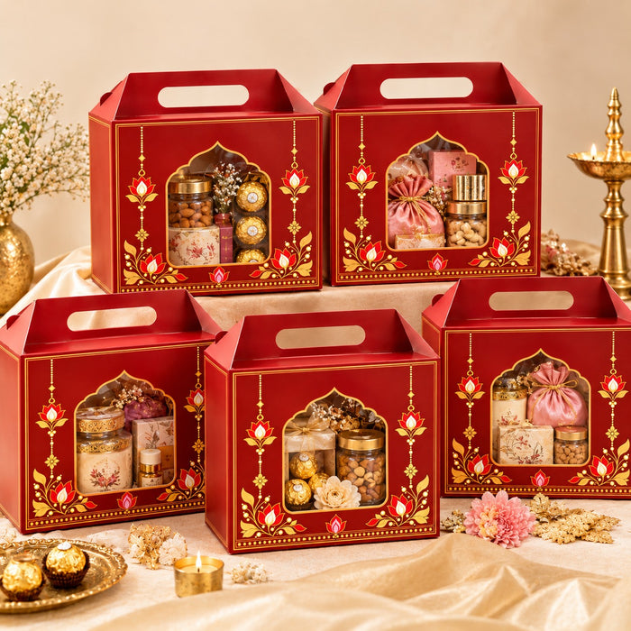 Small size Premium Red & Gold Decorative Gift Hamper Box with Handle & Window | 8 × 8 × 4 Inch Gifting Box