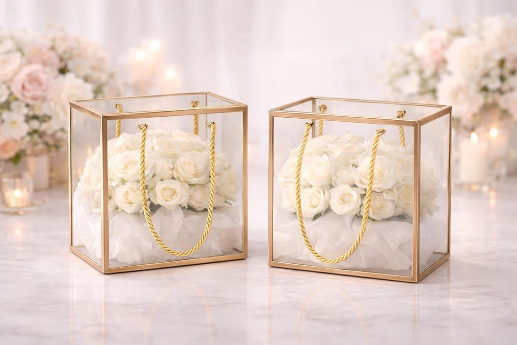 Medium Square Trasparent Golden border Bag Goodie Bags Gift bag, gift For new year Gifting, marriage Return Gifts, Birthday, Wedding, Party, Season's Greeting (Golden) (20 x 9 x 20)cm