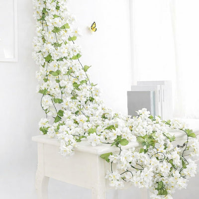Artificial Cherry Blossom Rattan Flowers(White) Wall Hanging Decorative Vine String Lines Items for Diwali Decoration, Backdrop for Pooja Room, Home Decor (230 cm)