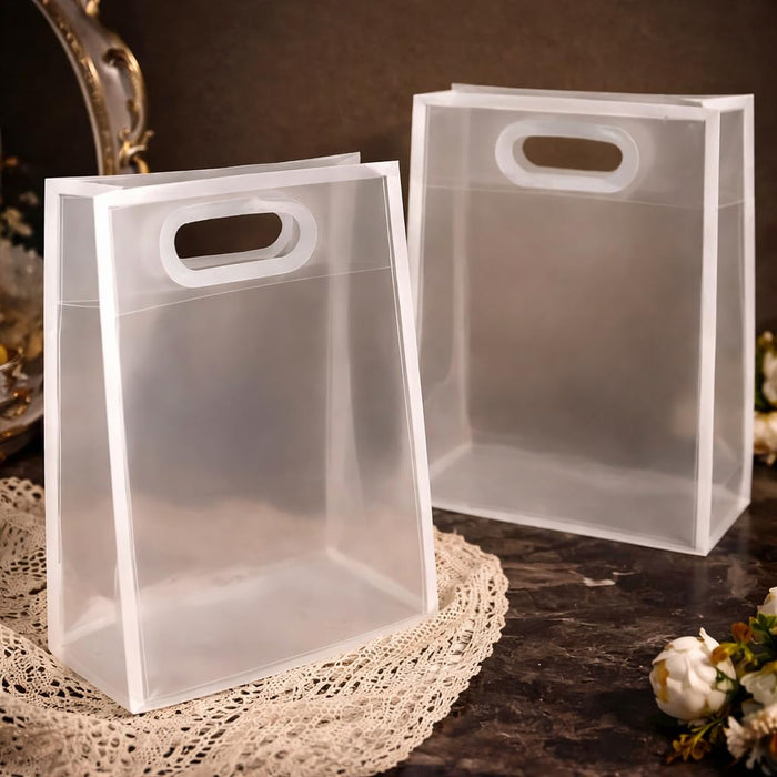 Medium size Translucent Goodie Bags with Handles - Clear Gift Bags, Hamper, Shopping, Wedding Return, Birthday, Festivals & Event Bags (WHITE BORDER) (35x24x10 cm)