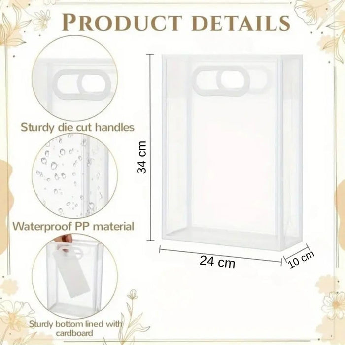 Medium size Translucent Goodie Bags with Handles - Clear Gift Bags, Hamper, Shopping, Wedding Return, Birthday, Festivals & Event Bags (WHITE BORDER) (35x24x10 cm)