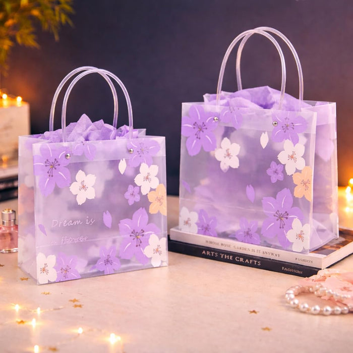 Purple Transparent Gift Bag with Floral Print    | Gift Bag for Her/Him,  hamper bag, Carry Bags, shopping gift bag, Presents, Packing, Wedding Return Gifts, Birthday, Events, Festivals (24 cm x 22 cm)