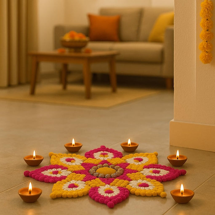 Rajwadi Multi Colour Flower pompom Design Rangoli, Easy to Use. Just Set up with your own choice and make Rangoli for Floor Home Diwali Decoration DIY