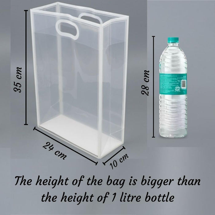 Medium size Translucent Goodie Bags with Handles - Clear Gift Bags, Hamper, Shopping, Wedding Return, Birthday, Festivals & Event Bags (WHITE BORDER) (35x24x10 cm)