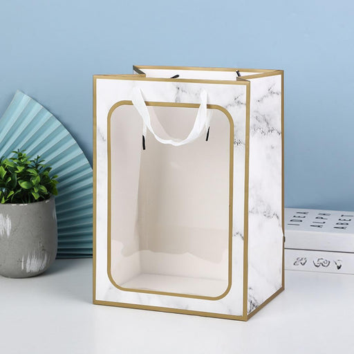 10 Pcs Big Size Transparent Marble Print Window White Bag With Yellow Border Goodie Bags With Handle Gift Bag,Hamper Bag,Carry Bags,Shopping Gift Bag,Gift For Gifting,Presents,Return Gifts,Birthday,Party,Wedding,Festivals,Events.
