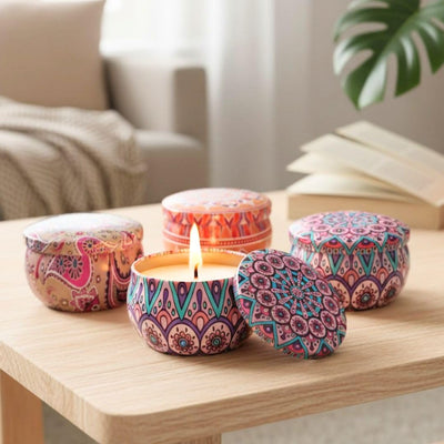 Tin Can Round Shape Aroma Scented Soy Wax Candle Gift Perfect for Candlelight Dinner, Home Decoration, Aroma Fragrance (Random Color, Pack of 6)
