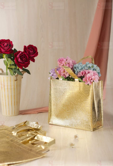 Small Size Non Woven Fabric Bag With Handle 28 x 25 cm Gift Paper bag, Carry Bags, gift bag, gift for Birthday, gift for Festivals, Season's Greetings and other Events(Gold)(Pack of 12)