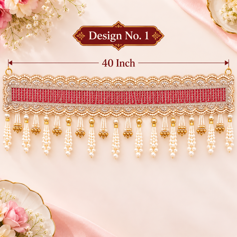 (Design No.1) Premium Designer Door Hanging Toran | Pearl & Stone Embellished Decorative Bandhanwar | Red & Gold Festive Door Decor