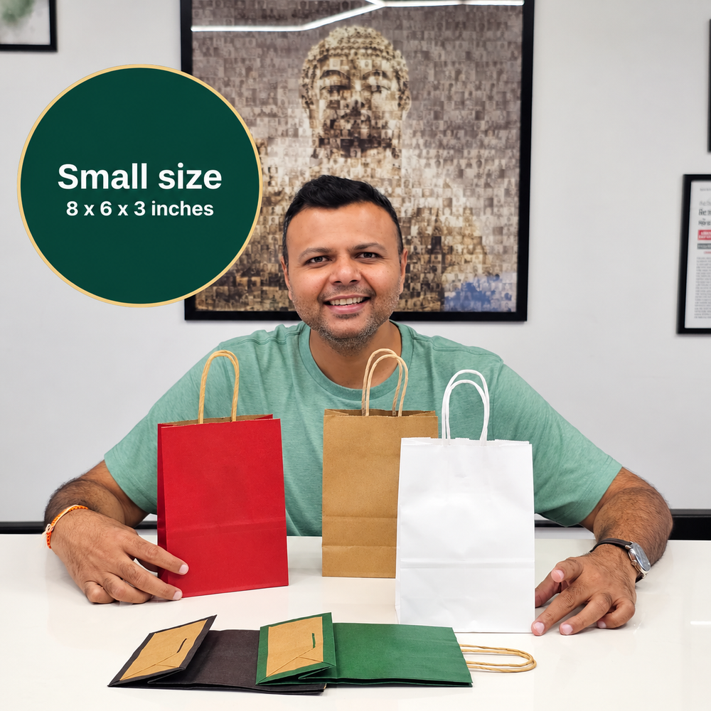 Samll Size Premium Paper Gift Bag with Handle | Return Gift, Shopping & Packaging Bag | Available in Red, White, Black, Green & Brown