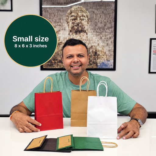 Samll Size Premium Paper Gift Bag with Handle | Return Gift, Shopping & Packaging Bag | Available in Red, White, Black, Green & Brown