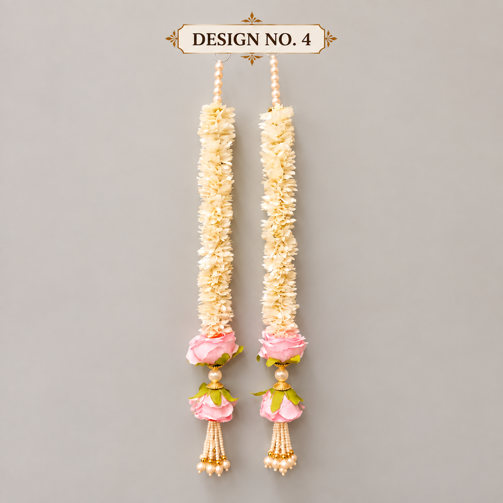 (Design No.4) Elegant White & Pink Flower Hanging for Home & Festive Decor | 24 Inch Artificial Floral Toran with Pearl Tassels | Door, Wall, Pooja & Wedding Decoration