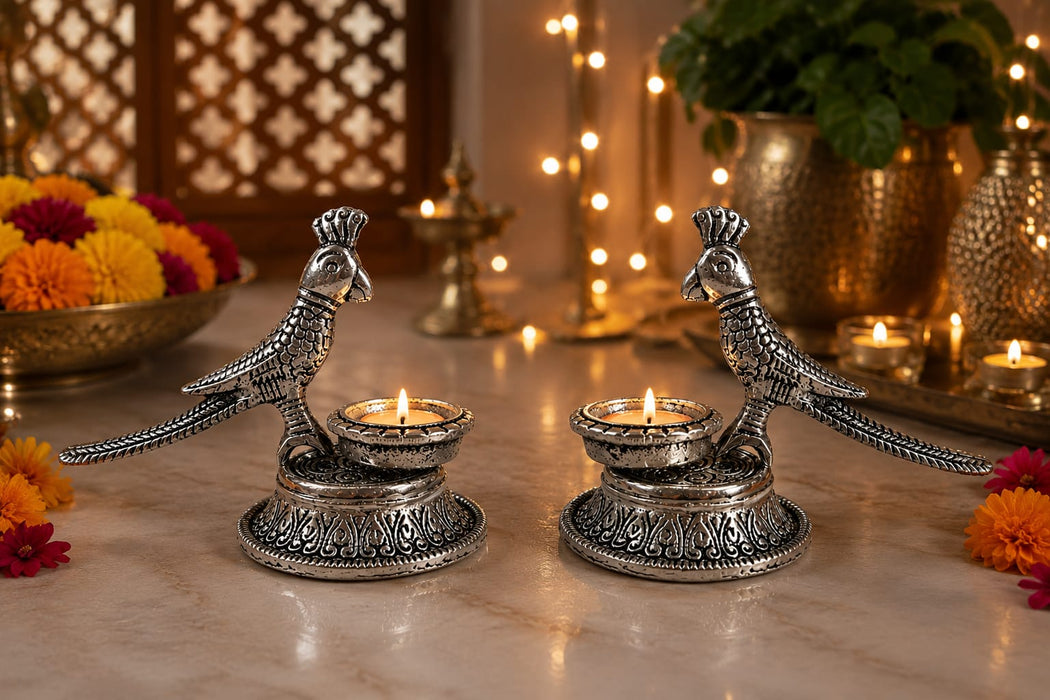 2 pcs Metal Peacock Diya Urli Traditional Decorative Diya for Home & Festive Decor | 4 Inch Height x 5.5 Inch Width