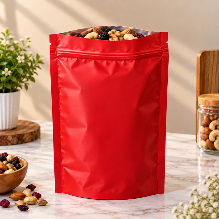 Premium Aluminium Foil Stand-Up Zipper Pouch | 10 × 7 Inch | Multiple Colour Options | Reusable Packaging Bag for Dry Fruits, Snacks & Gifting