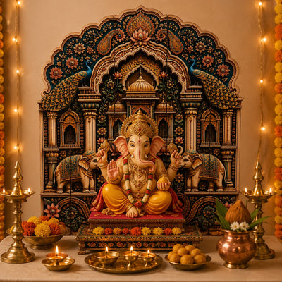 3D Look Foldable Wooden Mandap Backdrop | Peacock & Floral Design | Ganesh Chaturthi, Janmashtami, Durga Pujo, Navratri & Diwali Home Temple Decor