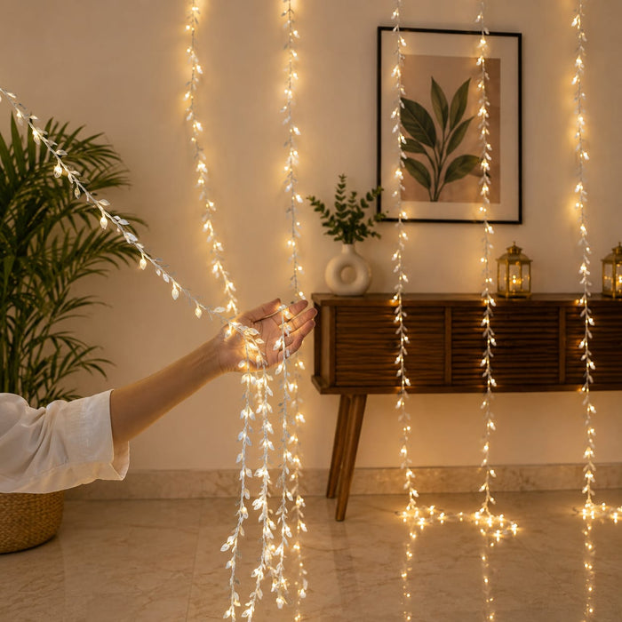 (DESIGN NO.6) 1 PCS Silver Leaf LED String Light 3 Meter × 2 Meter | Warm White Hanging Curtain Lights for Home, Diwali, Ganpati & Festive Decoration