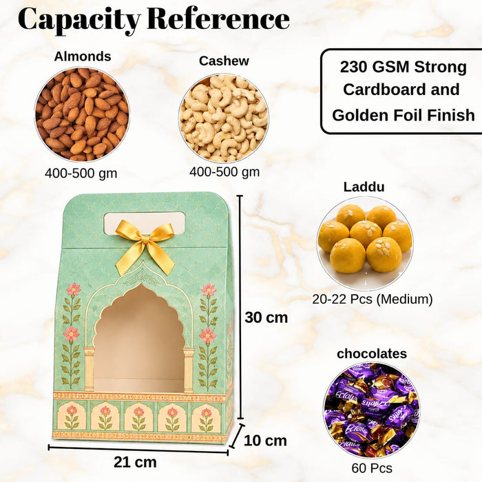 Pastel Green Rajwadi Premium Dry Fruit & Sweets Gift Hamper Box | Royal Festive Hamper Box with Golden Foil Finish