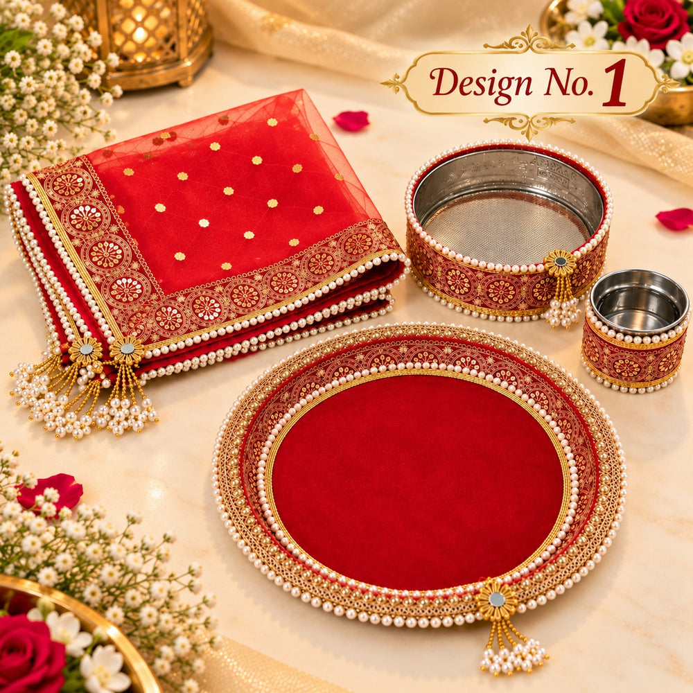 Premium Karwa Chauth Pooja Thali Set | Traditional Red & Gold Decorative Thali | Festive Pooja & Vrat Accessories