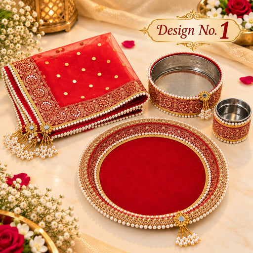 Premium Karwa Chauth Pooja Thali Set | Traditional Red & Gold Decorative Thali | Festive Pooja & Vrat Accessories