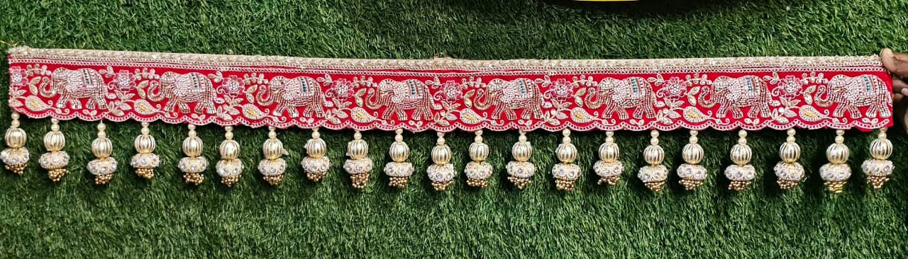 (Design No.5) Premium Designer Door Hanging Toran 40 Inch | Red Elephant Embroidered Bandhanwar with Pearl Tassels | Festive Door Decor