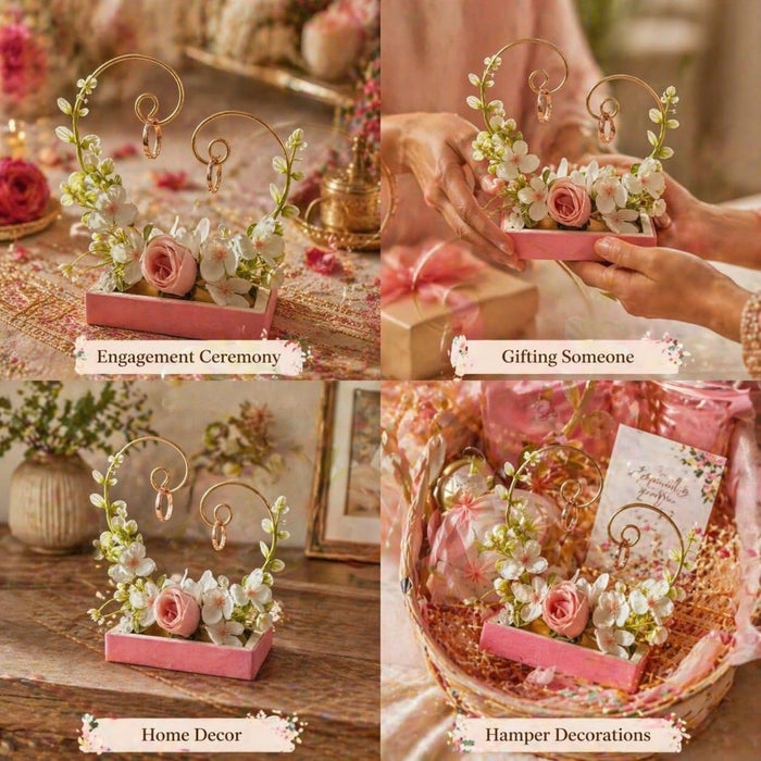 1 pcs Decorative Wedding Ring Platter with Golden Ring Stand & Floral Base | Engagement Ring Ceremony Holder Tray for Bride Groom Ring Exchange Decoration