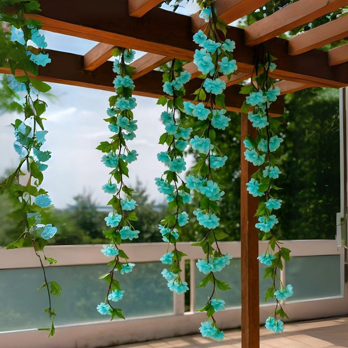 Artificial Cherry Blossom Rattan Flowers(Sky Blue) Wall Hanging Decorative Vine String Lines Items for Diwali Decoration, Backdrop for Pooja Room, Home Decor (230 cm)