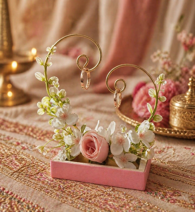 1 pcs Decorative Wedding Ring Platter with Golden Ring Stand & Floral Base | Engagement Ring Ceremony Holder Tray for Bride Groom Ring Exchange Decoration