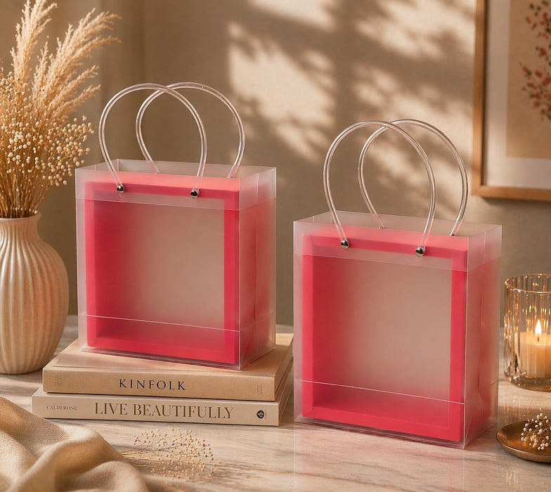 Foldable Transparent Gift Hamper Box with Handle | Reusable PVC Carry Bag for Gifting, Wedding Hampers & Packaging (Red, White, Sky Blue, Orange)