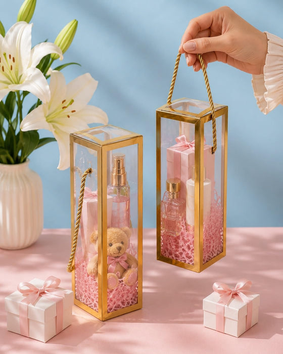 Clear Transparent Gift Box with Frame and Rope Handle for Hampers, Wedding Gifts, Return Gifts, Chocolates, Dry Fruits, Cosmetics, Baby Shower, Festive Gifting & Premium Gift Packaging (21 cm x 7 cm x 7 cm)