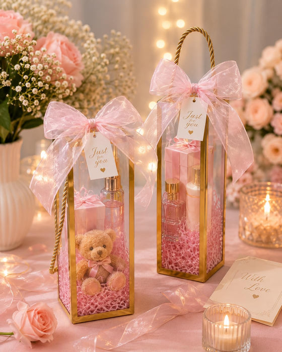 Clear Transparent Gift Box with Frame and Rope Handle for Hampers, Wedding Gifts, Return Gifts, Chocolates, Dry Fruits, Cosmetics, Baby Shower, Festive Gifting & Premium Gift Packaging (21 cm x 7 cm x 7 cm)