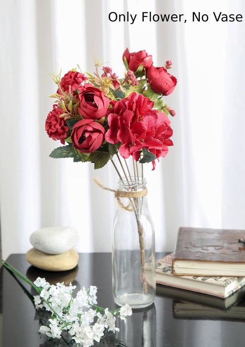 Artificial Head Rose Peony Fake Flowers Sticks Bunch decorative items for home Diwali Decor ,Room Decorations, Living Room Table Decoration Plants and Craft Items Corner ( Without Vase Pot )